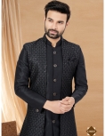 Men's Jet Black Indo-Western Sequined Sherwani Set with Long Waistcoat