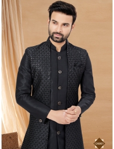 Men's Jet Black Indo-Western Sequined Sherwani Set with Long Waistcoat