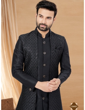 Men's Jet Black Indo-Western Sequined Sherwani Set with Long Waistcoat