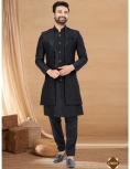 Men's Jet Black Indo-Western Sequined Sherwani Set with Long Waistcoat
