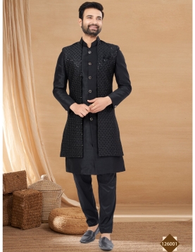 Men's Jet Black Indo-Western Sequined Sherwani Set with Long Waistcoat