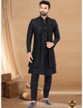 Men's Jet Black Indo-Western Sequined Sherwani Set with Long Waistcoat