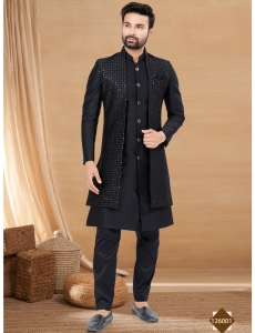 Men's Jet Black Indo-Western Sequined Sherwani Set with Long Waistcoat