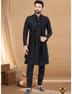 Men's Jet Black Indo-Western Sequined Sherwani Set with Long Waistcoat