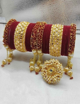 Gold Rodium Polish Red and Maroon Bangles in Metal Alloy with Beads