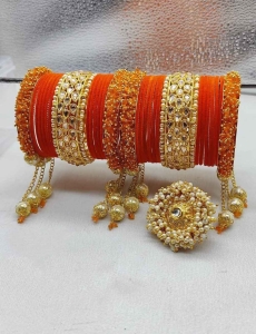 Gold Rodium Polish Orange Bangles in Metal Alloy with Pearl
