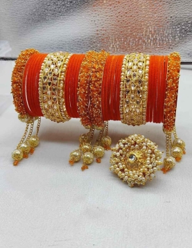 Gold Rodium Polish Orange Bangles in Metal Alloy with Pearl