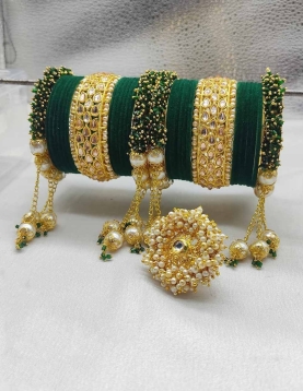 Gold Rodium Polish Green Bangles in Metal Alloy with Kundan