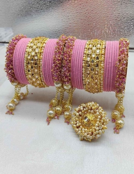 Gold Rodium Polish Pink and Majenta Bangles in Metal Alloy with Beads