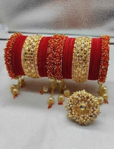 Gold Rodium Polish Red Bangles in Metal Alloy with Beads