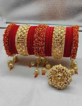 Gold Rodium Polish Red Bangles in Metal Alloy with Beads