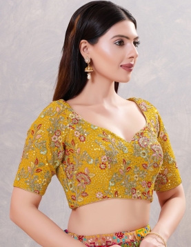 Mustard Bloom Hand-Embroidered Elbow-Sleeve Blouse