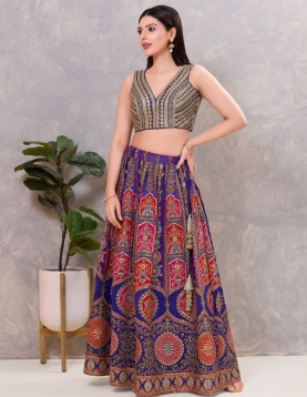 Navy Blue V-Neck Blouse with Gold Zari and Sequin Stripes