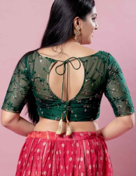 Bottle Green Net Embroidery Round Neck Fancy Blouse