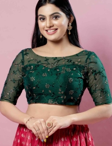 Bottle Green Net Embroidery Round Neck Fancy Blouse