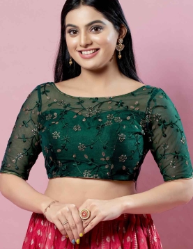 Bottle Green Net Embroidery Round Neck Fancy Blouse