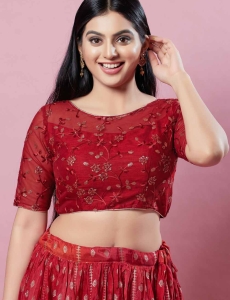 Maroon Net Embroidery Round Neck Fancy Blouse