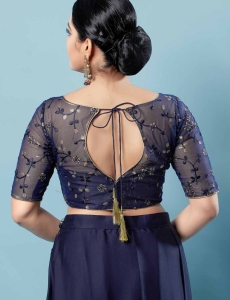Navy Blue Net Embroidery Round Neck Fancy Blouse