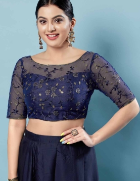 Navy Blue Net Embroidery Round Neck Fancy Blouse