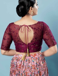 Wine Net Embroidery Round Neck Fancy Blouse