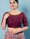 Wine Net Embroidery Round Neck Fancy Blouse
