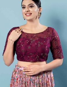 Wine Net Embroidery Round Neck Fancy Blouse