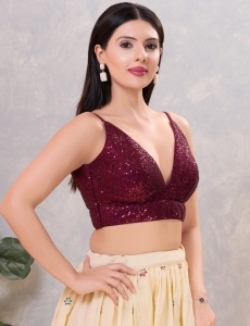 Midnight Sequin V-Neck Bustier Blouse in Dark Maroon