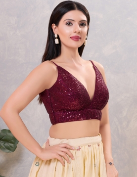 Midnight Sequin V-Neck Bustier Blouse in Dark Maroon