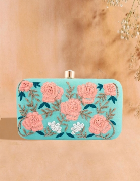 Resham Handwork Sea Green Clutch With Sling