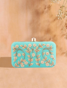  Floral Vine Handwork Sea Green Clutch With Sling