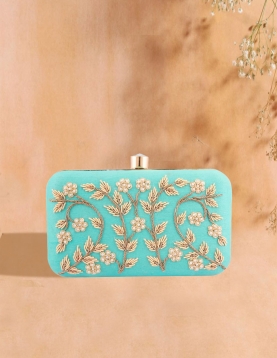  Floral Vine Handwork Sea Green Clutch With Sling