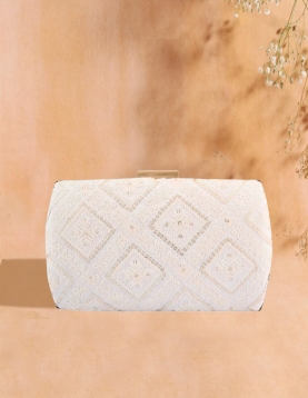Lucknowi Embroidered Off White Clutch With Sling