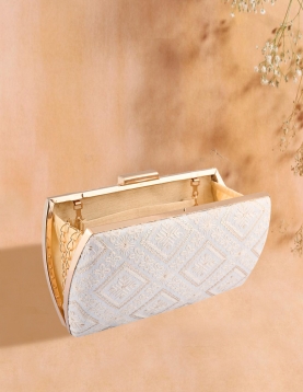 Lucknowi Embroidered Off White Clutch With Sling