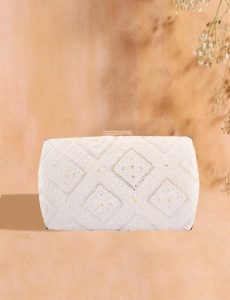 Lucknowi Embroidered Off White Clutch With Sling