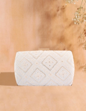 Lucknowi Embroidered Off White Clutch With Sling