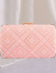 Lucknowi Geometric Embroidered Peach Clutch With Sling