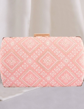 Lucknowi Geometric Embroidered Peach Clutch With Sling
