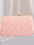 Lucknowi Geometric Embroidered Peach Clutch With Sling