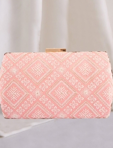 Lucknowi Geometric Embroidered Peach Clutch With Sling