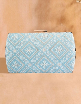 Lucknowi Embroidered Symmetric Sky Blue Clutch With Sling