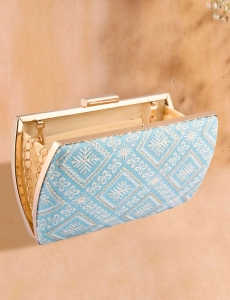 Lucknowi Embroidered Symmetric Sky Blue Clutch With Sling
