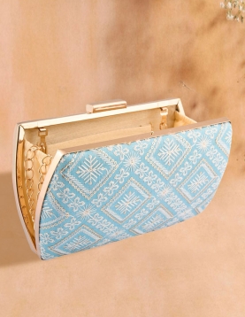 Lucknowi Embroidered Symmetric Sky Blue Clutch With Sling