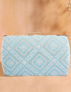 Lucknowi Embroidered Symmetric Sky Blue Clutch With Sling