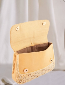 Raw Silk Jewel Embellished Cream Pearl Clutch