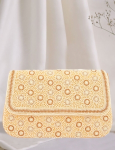 Raw Silk Jewel Embellished Cream Pearl Clutch