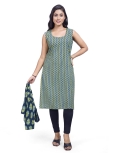 Desi India Women's Chevron Print Cotton Kurta with Floral Jacket, Green and Blue, Sleeveless