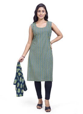 Desi India Women's Chevron Print Cotton Kurta with Floral Jacket, Green and Blue, Sleeveless