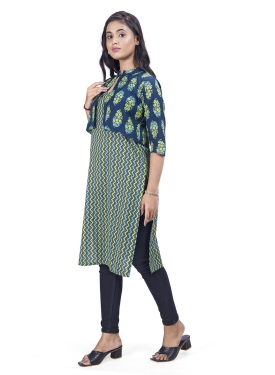 Desi India Women's Chevron Print Cotton Kurta with Floral Jacket, Green and Blue, Sleeveless