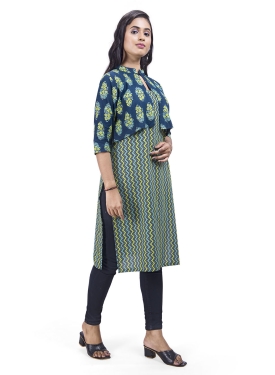 Desi India Women's Chevron Print Cotton Kurta with Floral Jacket, Green and Blue, Sleeveless