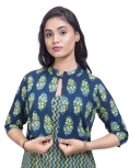 Desi India Women's Chevron Print Cotton Kurta with Floral Jacket, Green and Blue, Sleeveless